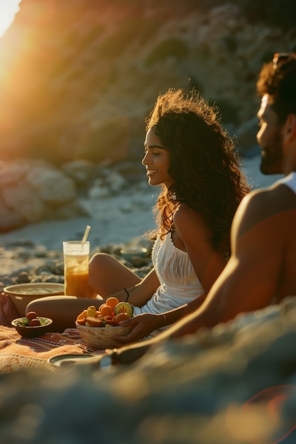 Una coppia che si diverte a fare un picnic all'aperto in estate