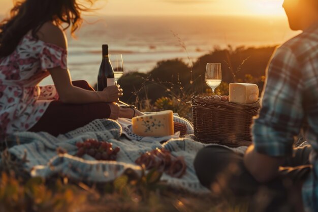 Una coppia che si diverte a fare un picnic all'aperto in estate