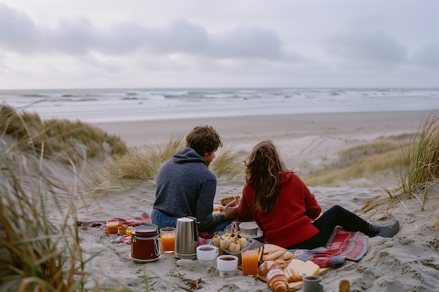 Una coppia che si diverte a fare un picnic all'aperto in estate