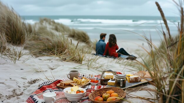 Una coppia che si diverte a fare un picnic all'aperto in estate