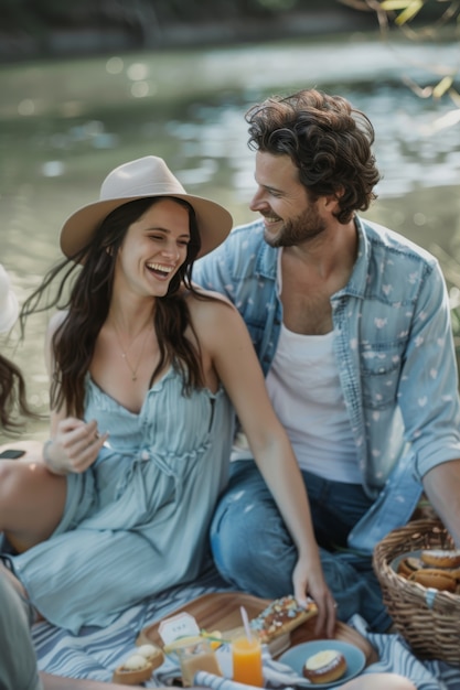 Una coppia che si diverte a fare un picnic all'aperto in estate