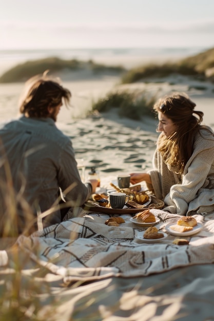 Una coppia che si diverte a fare un picnic all'aperto in estate