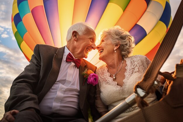 Una coppia di anziani che si sposa in una mongolfiera