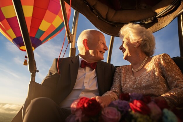 Una coppia di anziani che si sposa in una mongolfiera