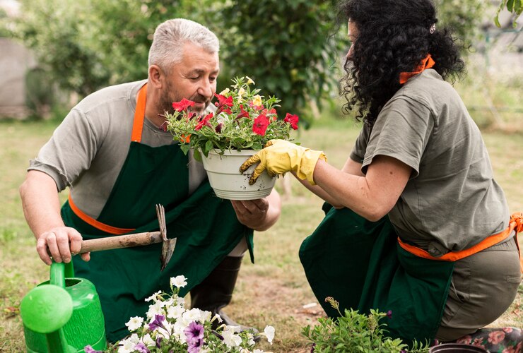 Foto gratuito una coppia di anziani felici con dei fiori.