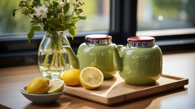 Una coppia di pentole di ceramica verde si siede su un bancone di legno in una cucina contemporanea luminosa