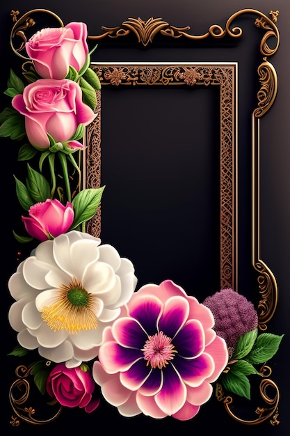 Una cornice con fiori e una cornice con sopra un fiore rosa.