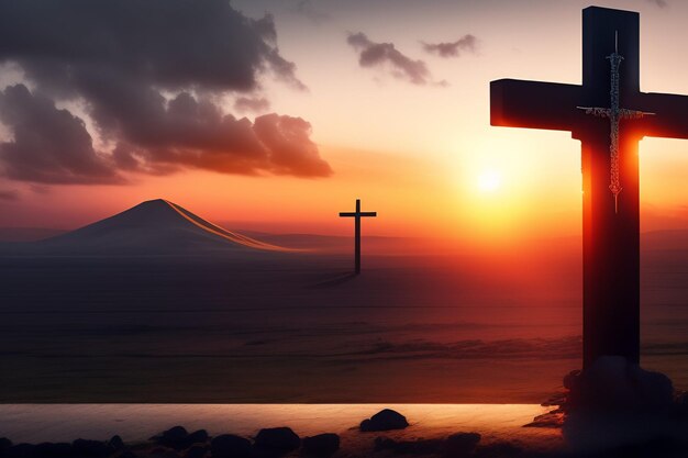 Una croce su una collina con il sole che tramonta dietro di essa