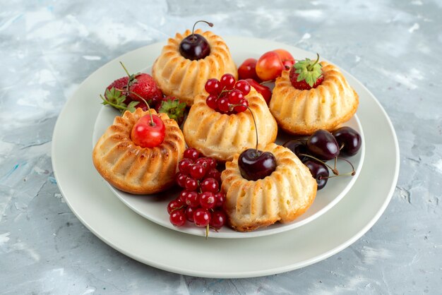 Una deliziosa vista frontale torte con frutti rossi pastosi e succosi all'interno del piatto bianco sulla torta di frutta leggera scrivania