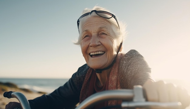 Una donna anziana spensierata si gode le vacanze estive generate dall'intelligenza artificiale