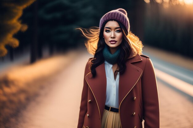 Una donna che indossa un cappotto rosso e un cappello si trova in una strada.