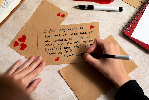 Una donna che scrive una lettera d'amore romantica a qualcuno
