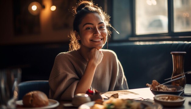 Una donna che si gode un pasto in una casa confortevole generata dall'intelligenza artificiale