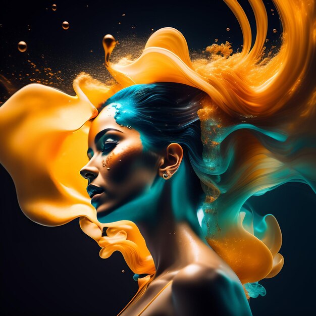 Una donna con i capelli blu e uno spruzzo di liquido giallo tra i capelli.