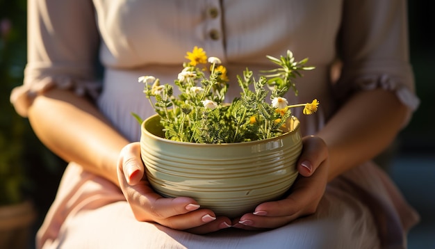 Una donna con in mano un vaso di fiori sorride alla luce del sole generata dall'intelligenza artificiale