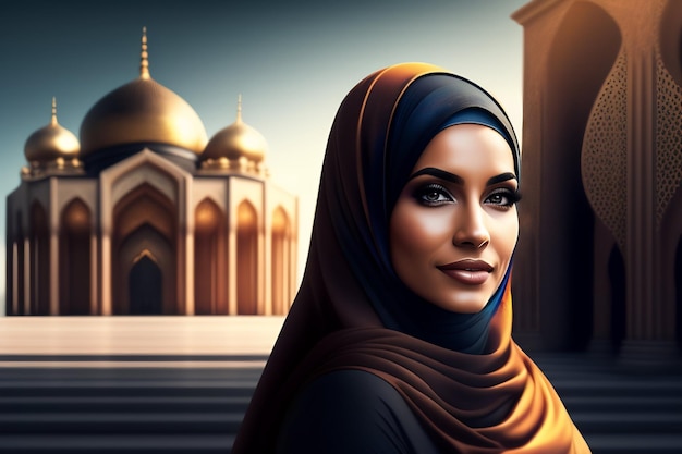 Una donna con l'hijab blu si trova davanti a una moschea.