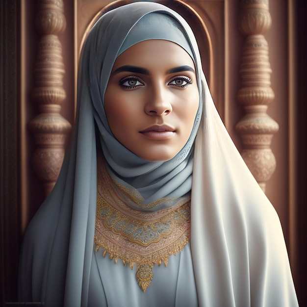 Una donna con un hijab blu con finiture dorate e una collana d'oro.