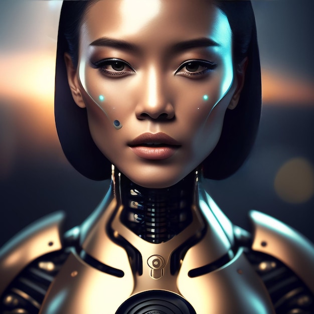 Una donna con una faccia da robot d'oro e un occhio azzurro.