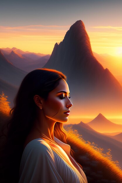 Una donna in abito bianco si trova di fronte a un paesaggio di montagna.