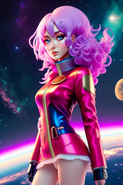 Una donna in abito rosa con un pianeta sullo sfondo