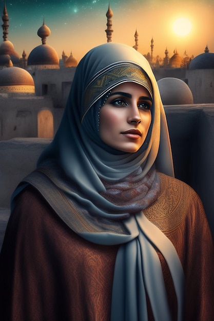 Una donna in hijab blu si trova di fronte a un tramonto.