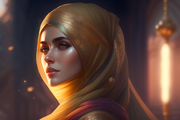 Una donna in hijab giallo con la parola 'al' in testa