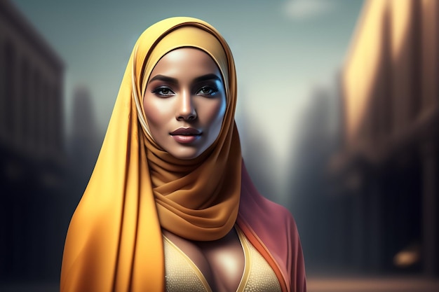 Una donna in hijab giallo con una sciarpa rossa