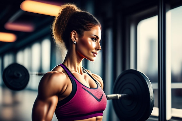 Una donna in palestra con un bilanciere in mano