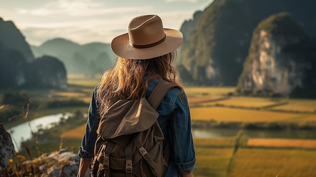 Una donna in viaggio con un cappello e uno zaino