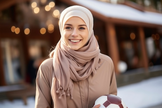 Una donna islamica sorridente di media taglia.