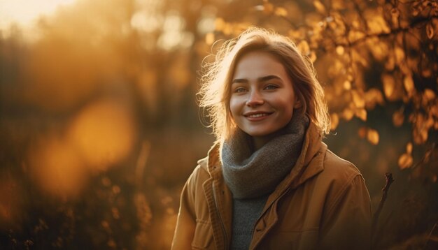 Una donna sorridente nella bellezza della foresta autunnale generata dall'intelligenza artificiale