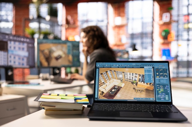 Foto gratuito una donna usa un software architettonico sul suo pc per creare un rendering 3d dettagliato
