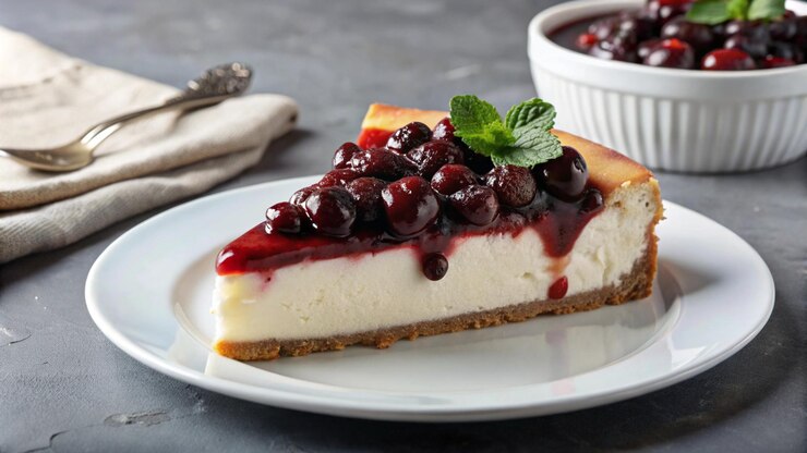 Foto gratuito una fetta di cheesecake con cotta di ciliegio e un ramo di menta su un piatto bianco