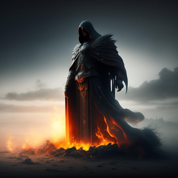 Una figura scura con un lungo mantello nero si trova accanto a un fuoco con sopra la parola morte.