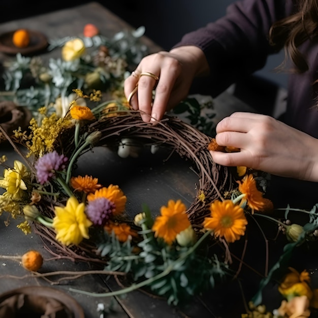 Una fioraia che fa una bella ghirlanda di fiori nel suo laboratorio