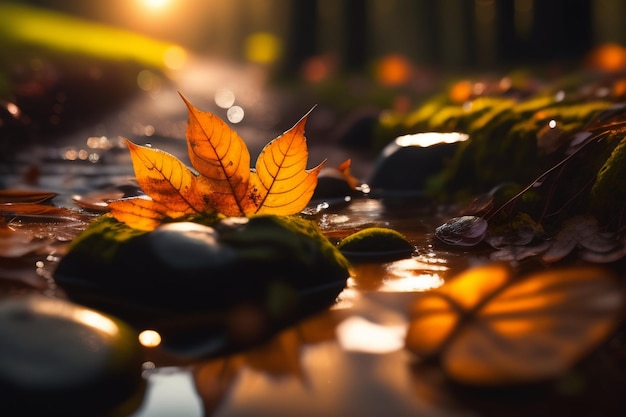 Una foglia in una pozza d'acqua con il sole che splende su di essa