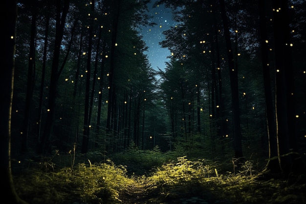 Una foresta piena di lucciole luminose di notte