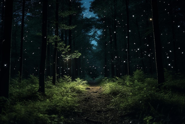 Una foresta piena di lucciole luminose di notte