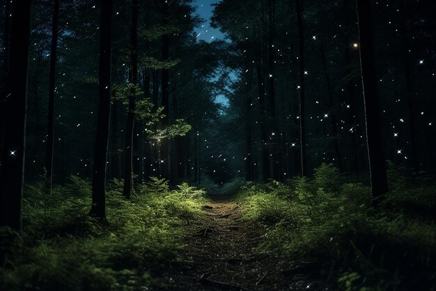 Una foresta piena di lucciole luminose di notte