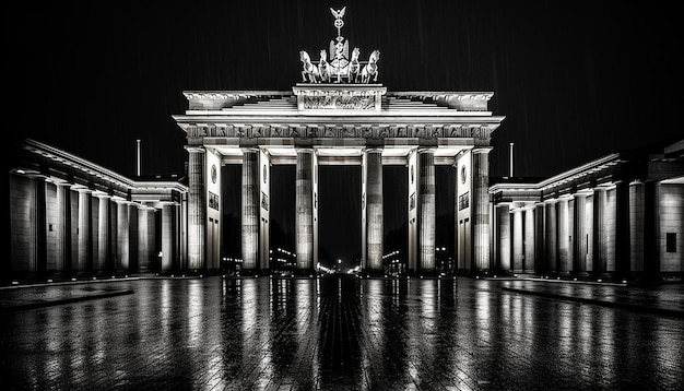 Una foto in bianco e nero di una porta di Brandeburgo di notte