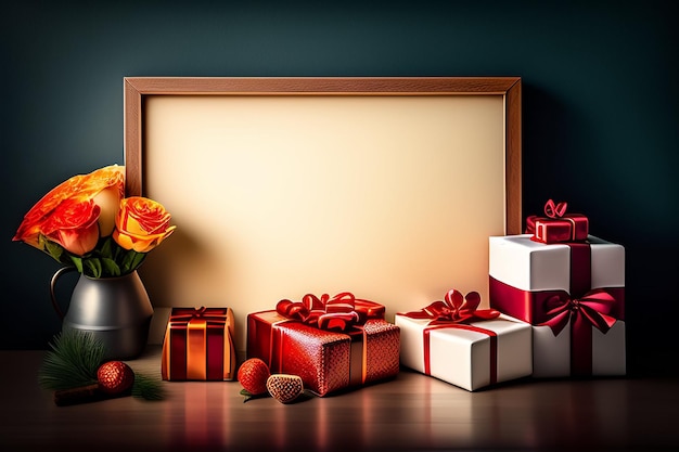 Una foto incorniciata con scatole regalo e fiori sopra