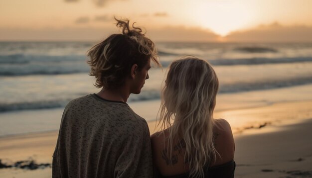Una giovane coppia si abbraccia al tramonto sulla spiaggia generata dall'intelligenza artificiale
