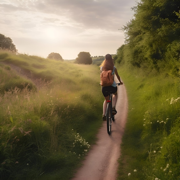 Una giovane donna in bicicletta in campagna in un bel tramonto estivo