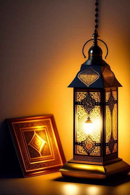 Una lampada con una cornice con su scritto "ramadan".