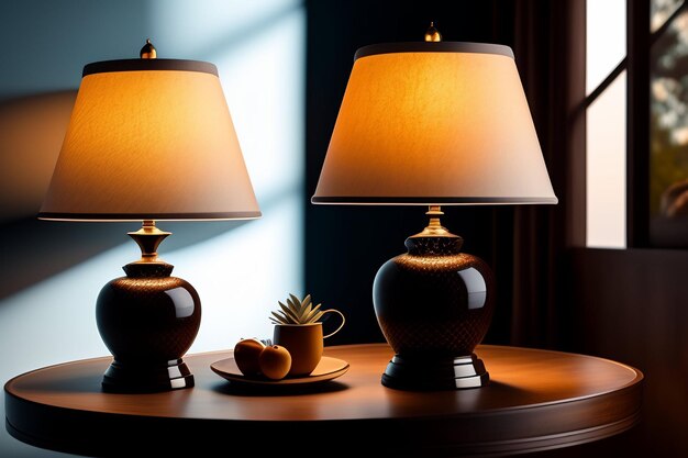 Una lampada da tavolo con sopra una tazza di caffè e una lampada.
