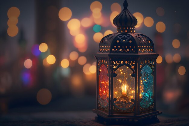 Una lanterna islamica con luci bokeh sullo sfondo per Adha e Fitr eid