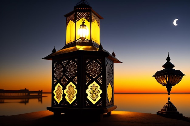 Una lanterna si accende al tramonto con il sole che tramonta dietro di essa.