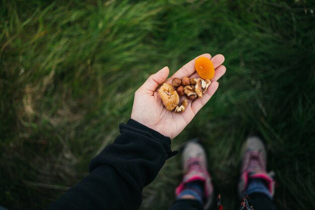 una manciata di noci sane, uvetta e frutta secca all'aperto nella natura selvaggia. spuntino veloce durante l'escursione in montagna.