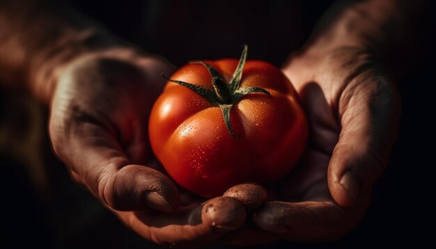 Una mano che tiene un pomodoro maturo fresco e biologico generato dall'IA