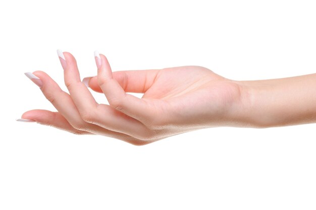 Una mano femminile elegante con il manicure francese di bellezza isolato su bianco